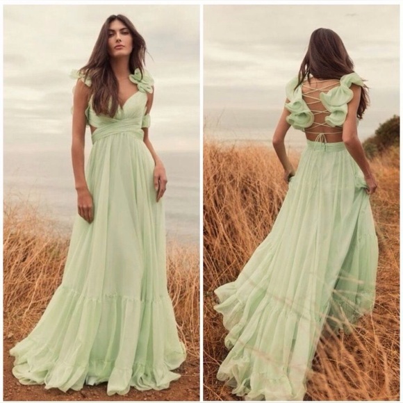 NEW Mac Duggal Ruffle Tiered Cut Out Chiffon Gown, Mint Spring Green, Size 8/ M